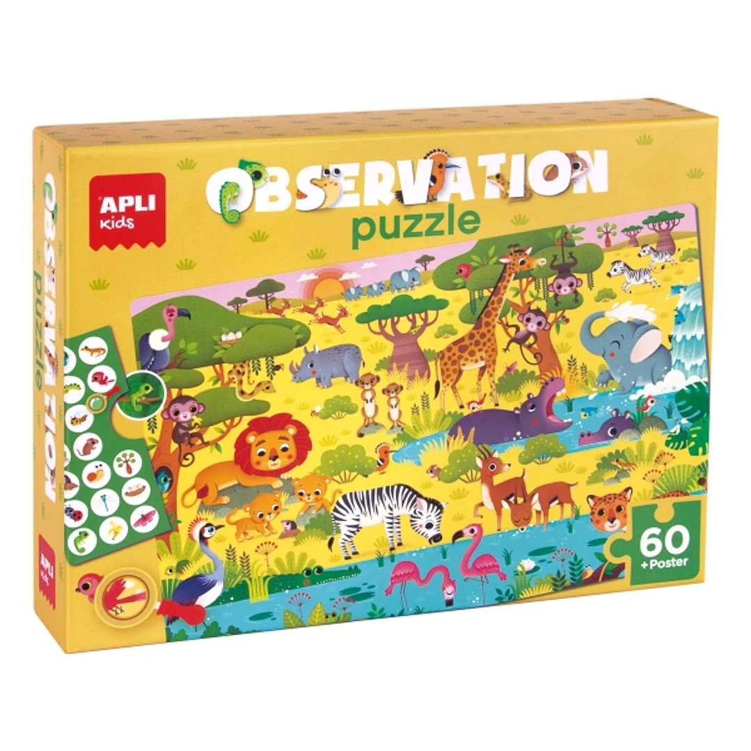 Apli Puzzle Observacion Junior Jungla de 60 Piezas de 6x6cm - Incluye Poster y 1 Ficha con Diferentes Objetos - Desarrolla la Concentracion, Observaci 1