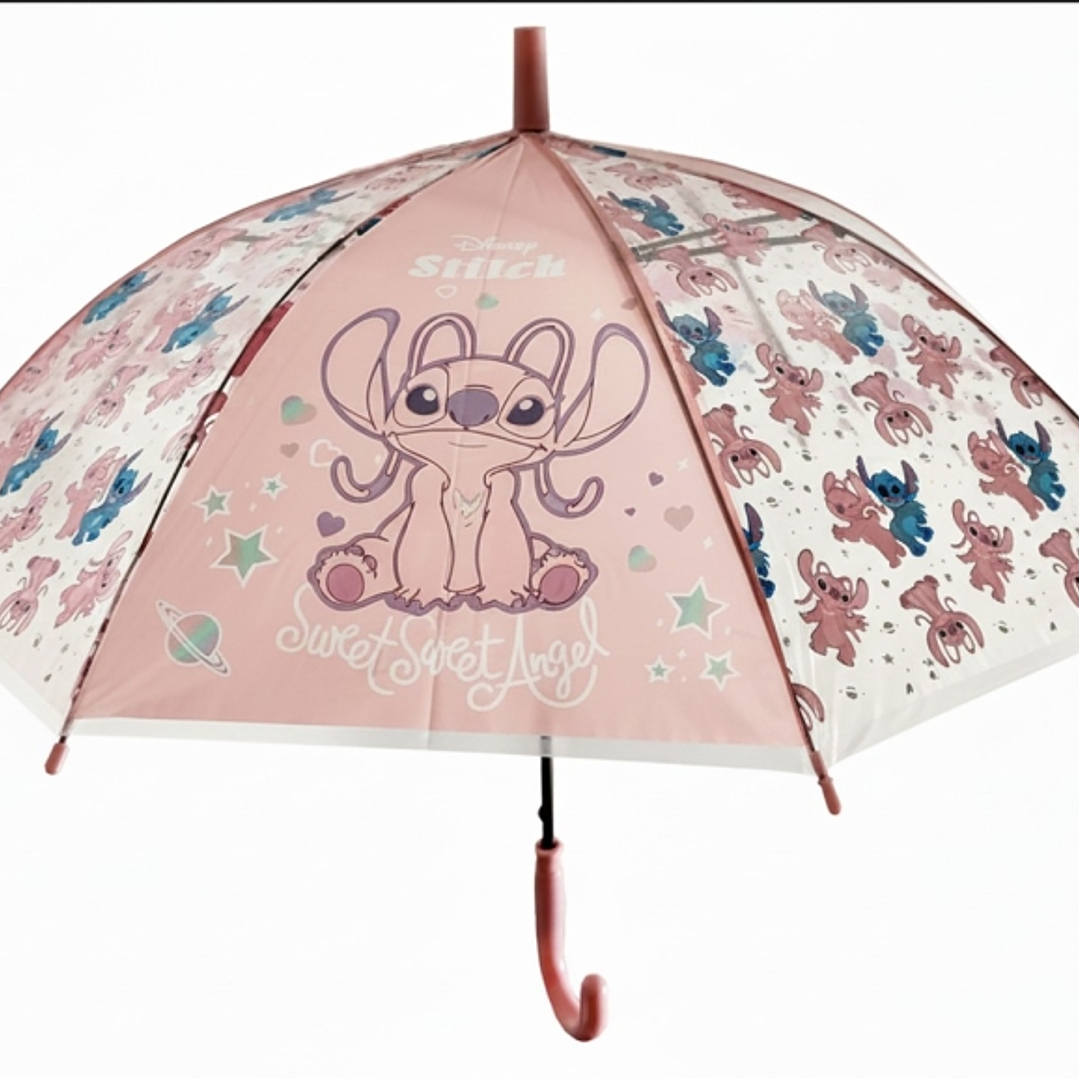 Safta Stitch Ohana Paraguas Automatico de 76cm - 8 Paneles - Asa y Punta de PVC - POE - Nervios de Acero de 8mm - Color Rosa Pastel 1