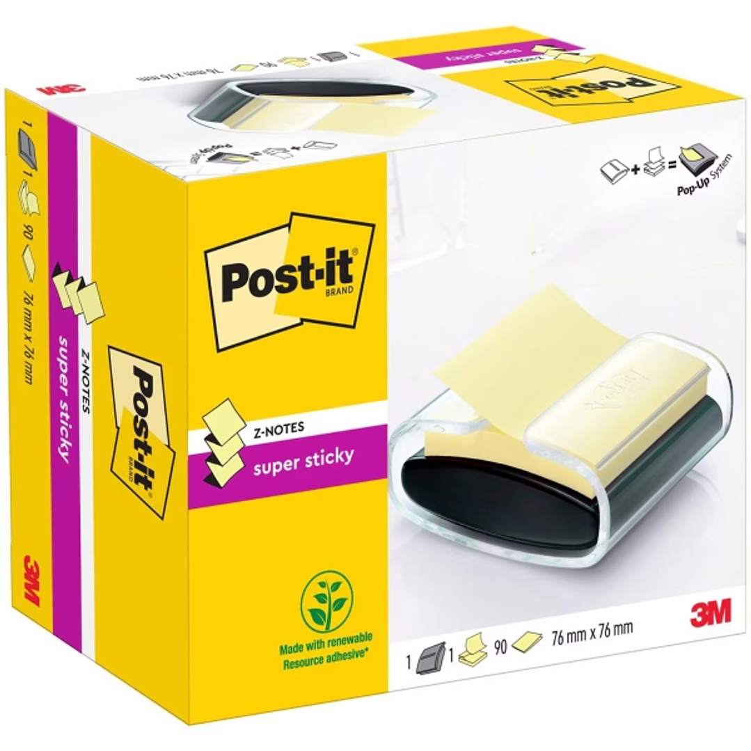 Post-It Super Sticky Dispensador con Bloc de 90 Z-Notas Adhesivas - Dispensador Pro - Forma Cuadrada - 76x76mm - Color Negro 1