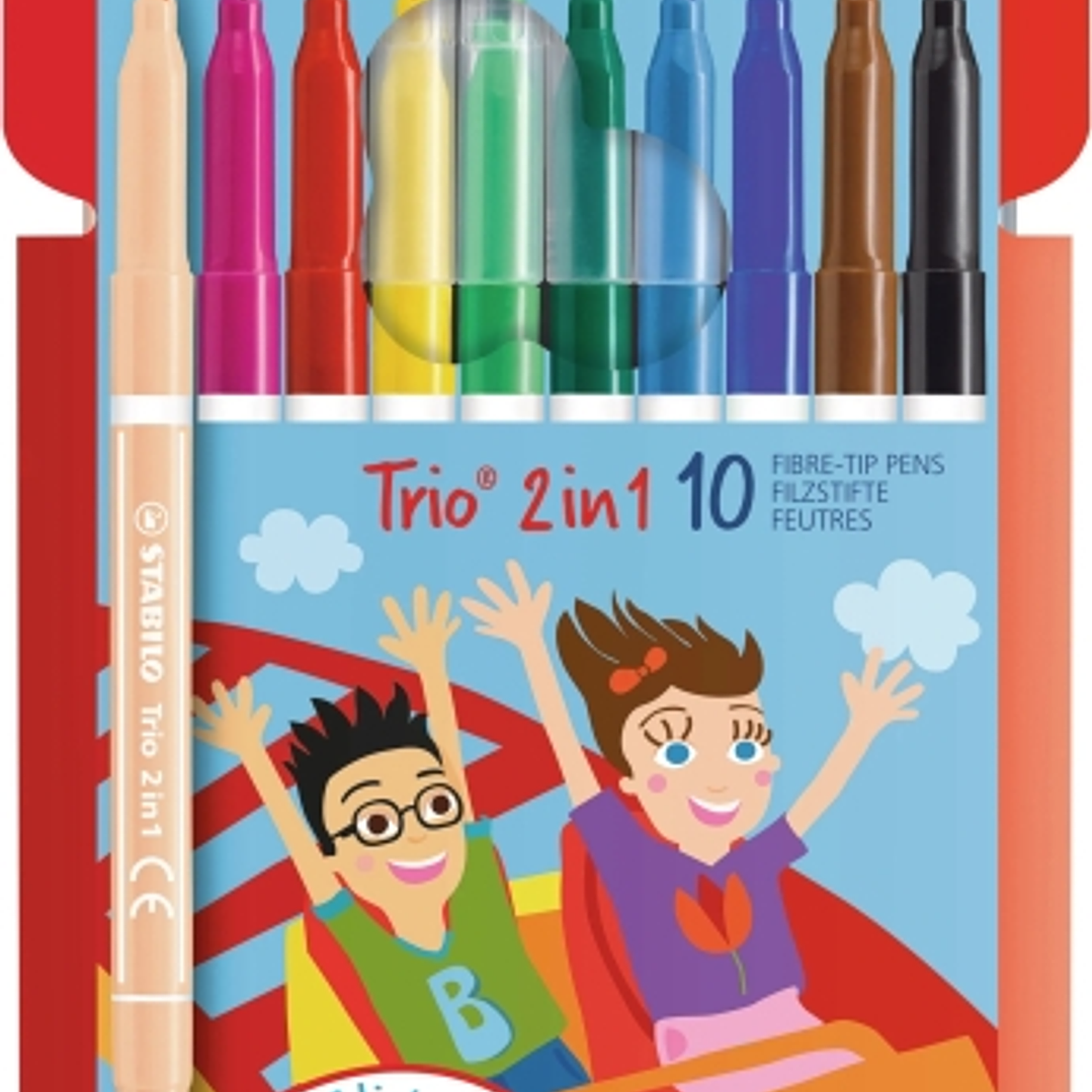 Stabilo Trio 2 en 1 Pack con 10 Rotuladores de Doble Punta - Punta Fina 0,5mm y Punta Ancha 2mm - Tinta Lavable - Zona de Agarre Triangular - Colores  1
