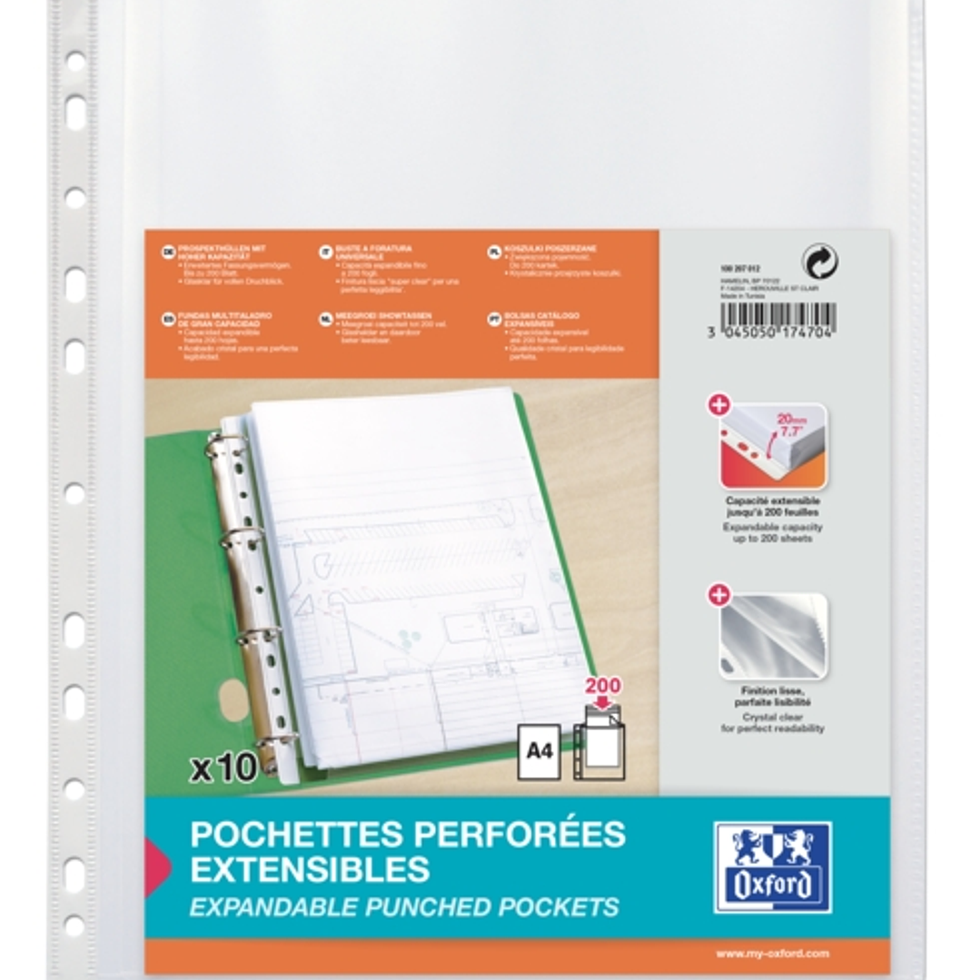 Oxford Pack de 10 Fundas Multitaladro A4 con Fuelle - Gran Capacidad - Polipropileno 200µ - Acabado Cristal 1