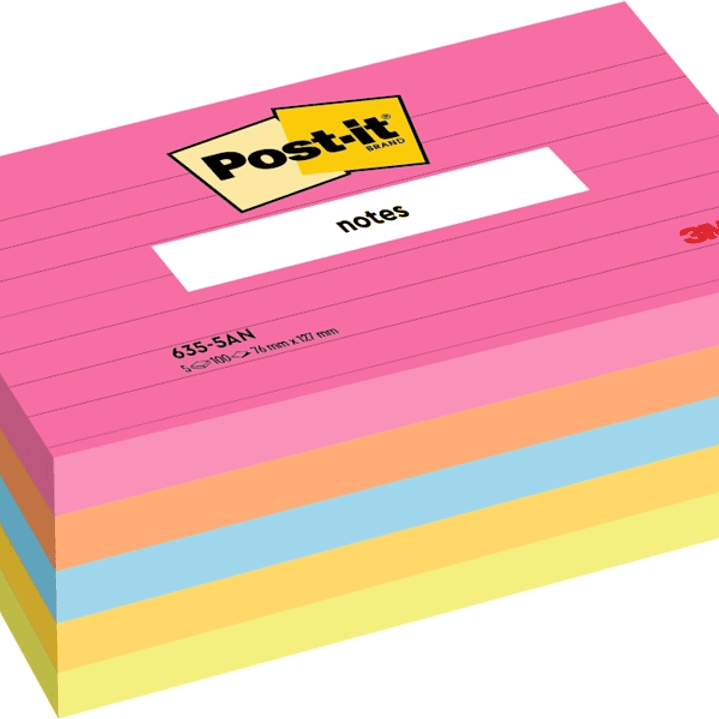 Post-It Pack de 5 Blocs de 100 Notas Adhesivas Reposicionables - con Lineas - 76x127mm - 100% PEFC - Colores Surtidos 1