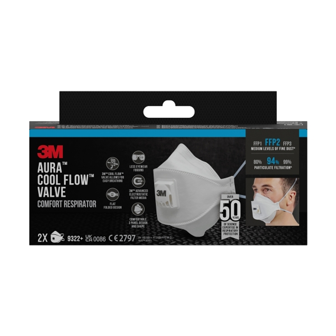 3M Aura Comfort Cool Flow Pack de 2 Mascarillas para Particulas FFP2 - Desechable - con Valvula - para Niveles Medios de Particulas - Color Blanco 1
