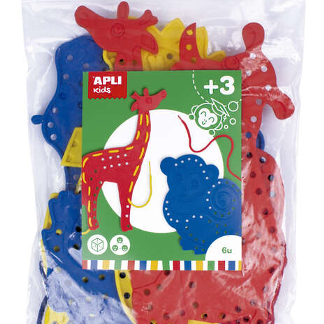 Apli Juego de Cosedores Animales - Formato Maxi - 6 Animales de Plastico con Agujeros - 18 Cuerdas de Colores - Desarrolla Psicomotricidad Fina y Coor 1