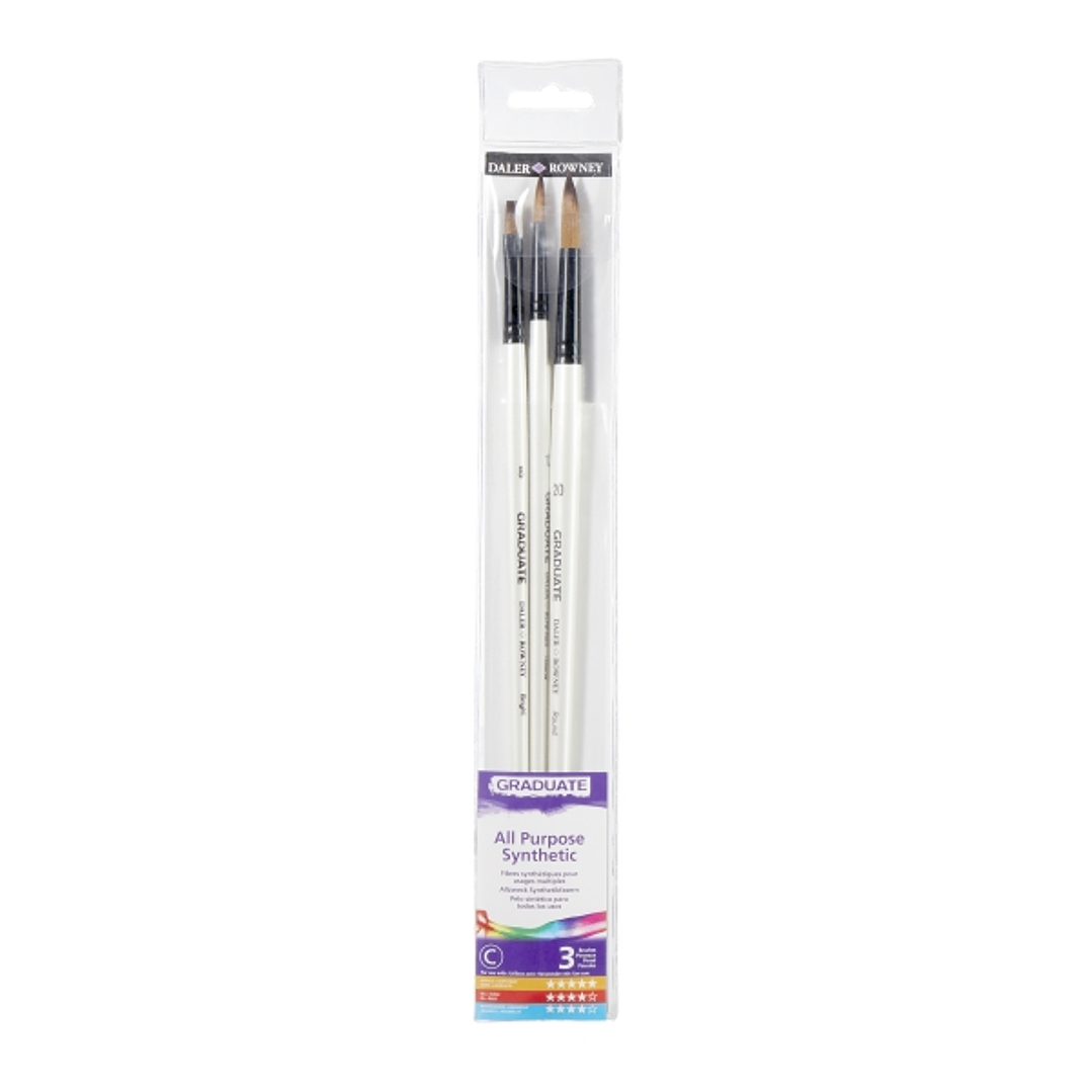 Daler Rowney Graduate Pack de 3 Pinceles Multitecnica - Pelo Sintetico - Mango Largo 1