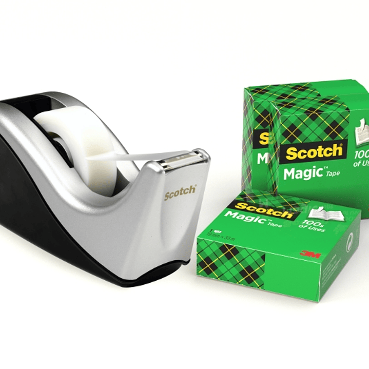 Scotch Magic Dispensador de Cinta Adhesiva - Para Cintas de hasta 19mm x 33m - Incluye 4 Cintas Adhesivas - Color Negro/Plata 1