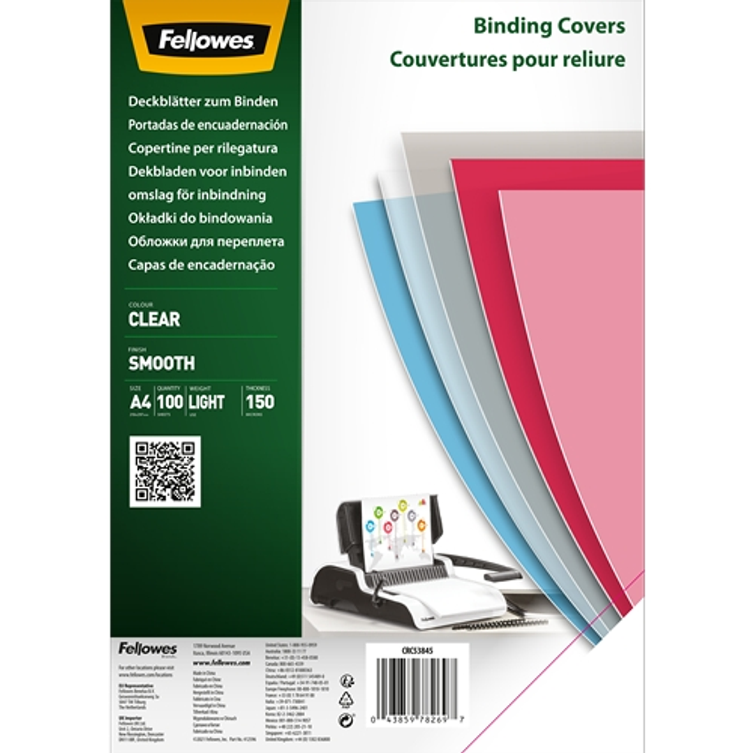 Fellowes Pack de 100 Portadas de Polietileno Transparentes para Documentos A4 - Grosor 150 Micras - Utilizables en Encuadernadoras de Espiral o Canuti 1