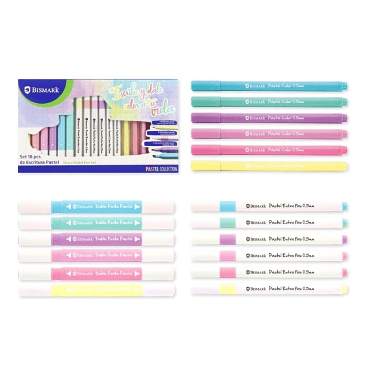Bismark Pastel Pack Escolar de Escritura con 6 Marcadores Doble Punta Biselada 4mm y Fina 1mm, 6 Rotuladores Punta Fina 0.5mm y 6 Boligrafos Punta Col 1
