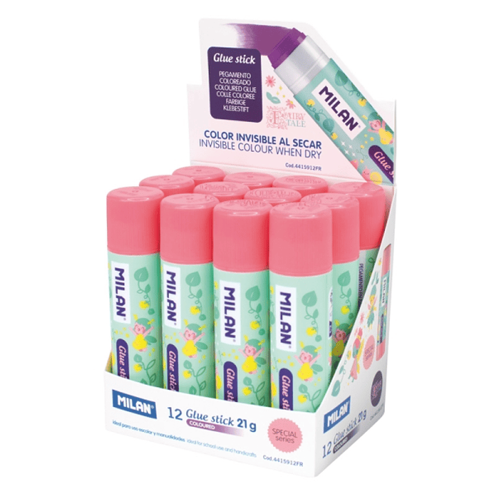 Milan Fairy Tale Expositor con 12 Barras de Pegamento 21g - Multiusos - Multisuperficies - Sin Disolventes - Uso Escolar - Color Rosa 1