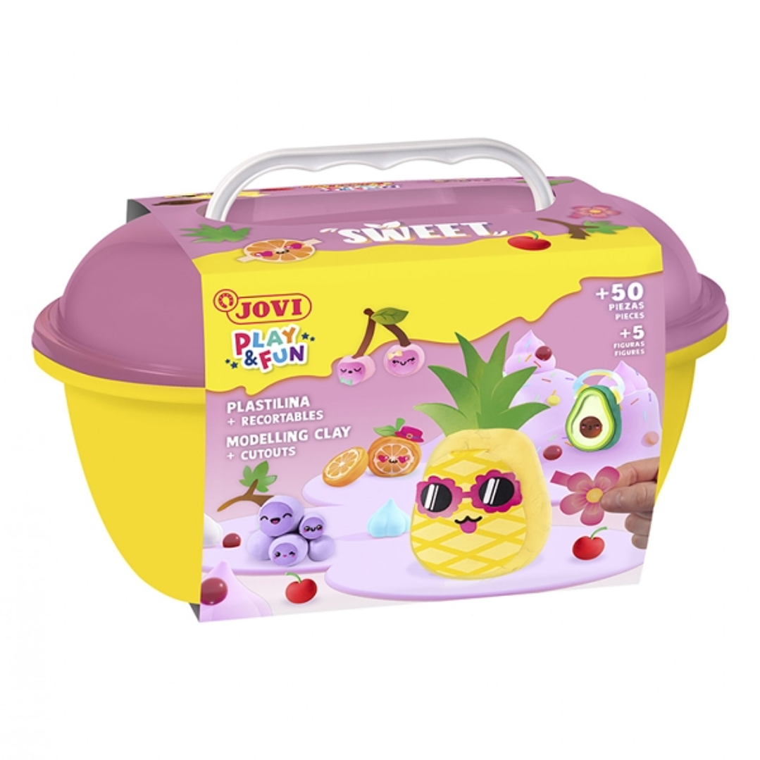 Jovi Play & Fun Cofre Sweet con 24 Barras de Plastilina 15gr + Modeladores + Recortables - Sin Gluten - Base Vegetal - No se Seca - Colores Surtidos 1
