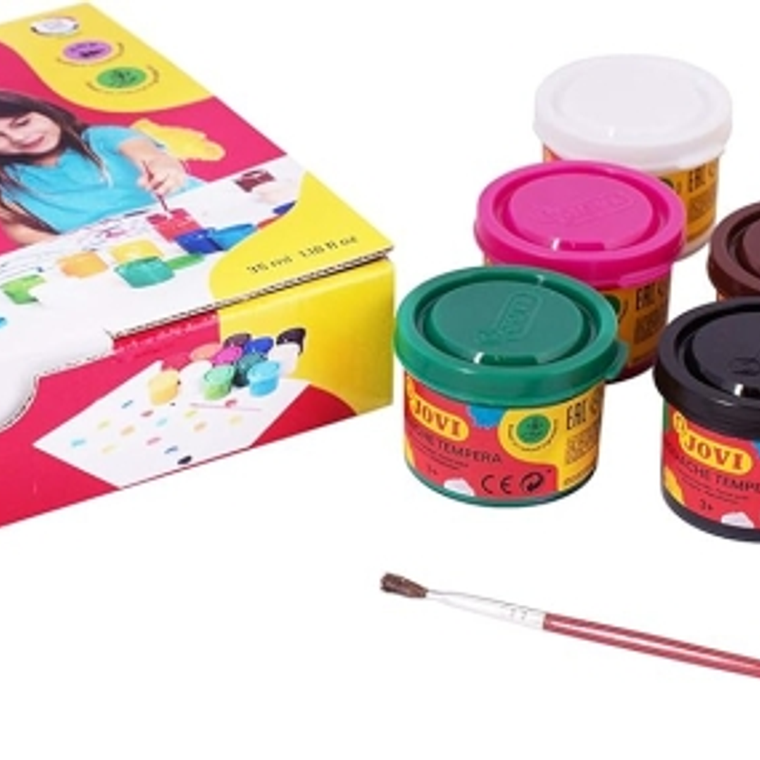 Jovi Pack con 12 Botes de Tempera 35ml - Mezclables - Para Papel, Cartulina, Madera, Tela, Pasta de Modelar y Barro - Incluye Pincel - Colores Surtido 1