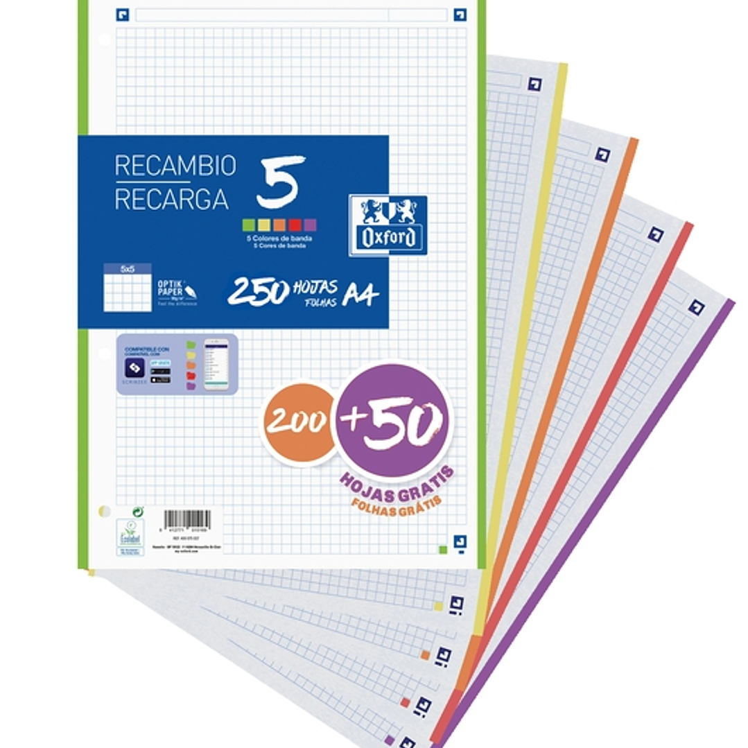 Oxford School Pack de 5 A4 Recambio - 5x5 Promocion - 200+50 Hojas - Colores Surtidos 1