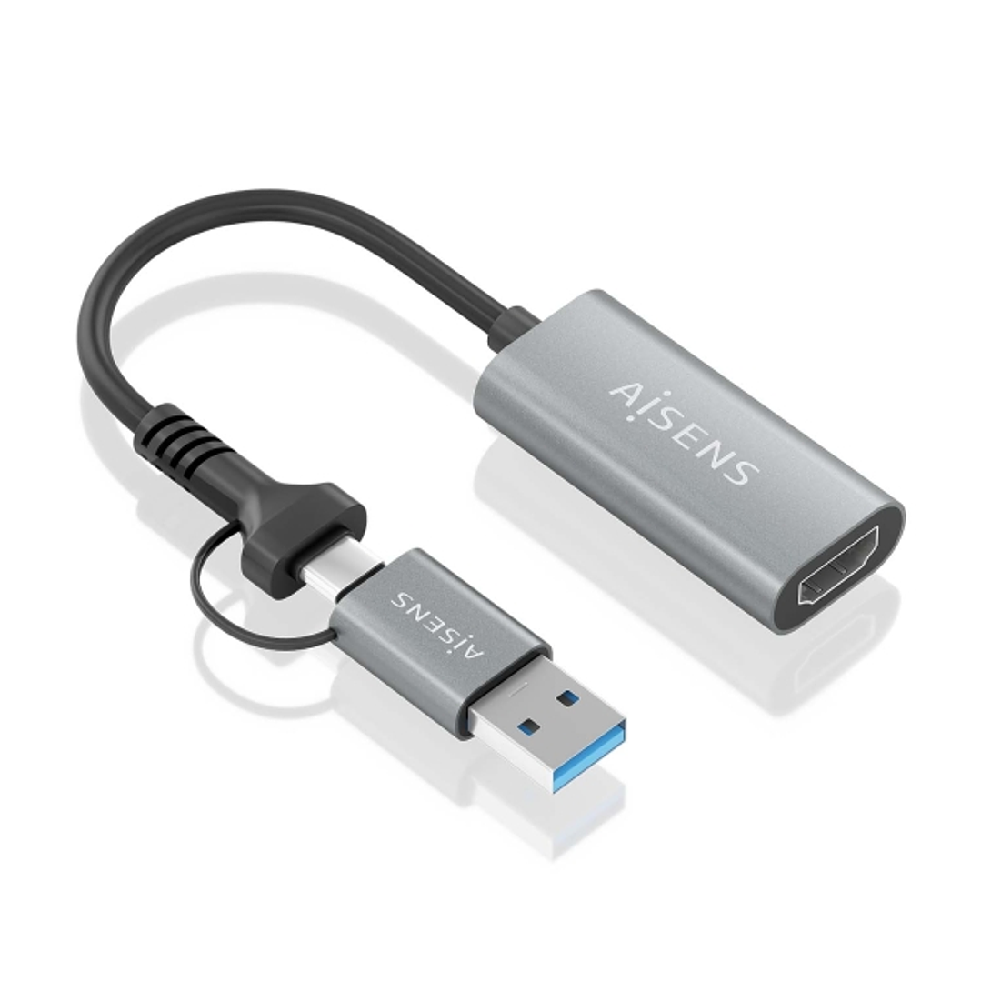 Aisens Conversor Aluminio USB-A+USB-C a HDMI 1080P@60HZ - USB-A/M+USB-C/M-HDMI/H - 15cm - Color Gris 1
