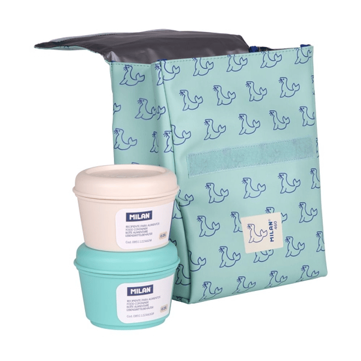 Milan Coleccion 460 Bolsa Isotermica Porta Alimentos 3,5L - Incluye 2 Recipientes para Alimentos de 0,25L - Interior Aislante Termico - Color Verde/Az 1