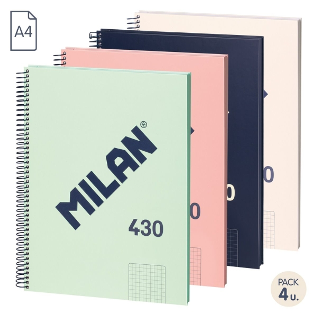 Milan Serie 1918 Pack de 4 Cuadernos Espiral Formato A4 Cuadricula 5x5mm - 80 Hojas de 95 gr/m2 - Microperforado, 4 Taladros - Colores Surtidos 1