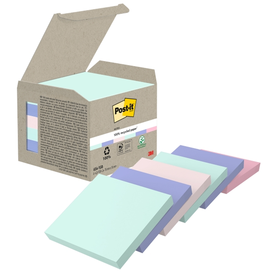 Post-It Pack de 6 Blocs de 100 Notas Adhesivas Recicladas - Forma Cuadrada - 76x76mm - Colores Surtidos 1