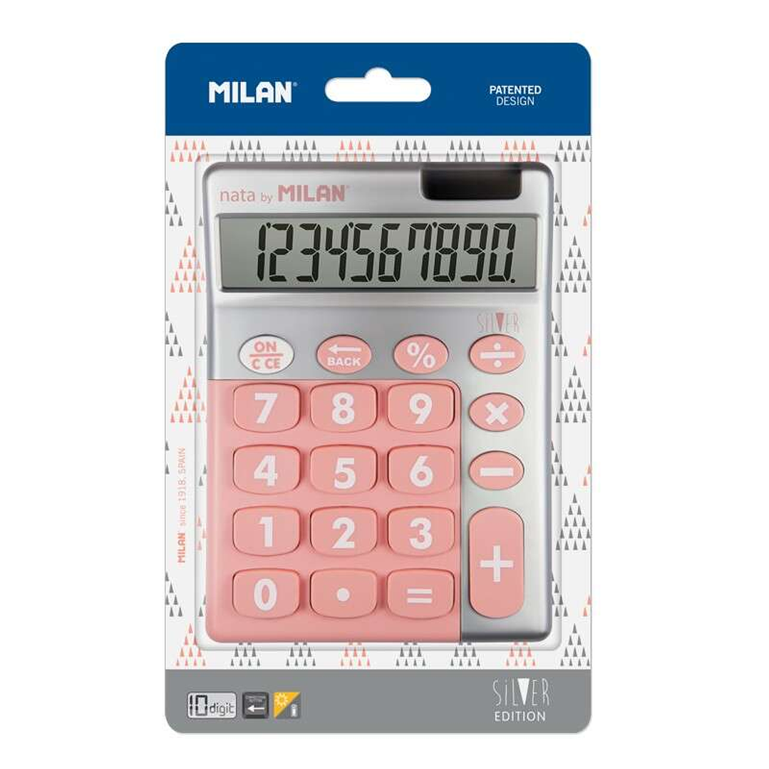 Milan Calculadora 10 Digitos Silver - Calculadora de Sobremesa - Teclas Grandes - Tecla Rectificacion Entrada de Datos - Color Rosa 1
