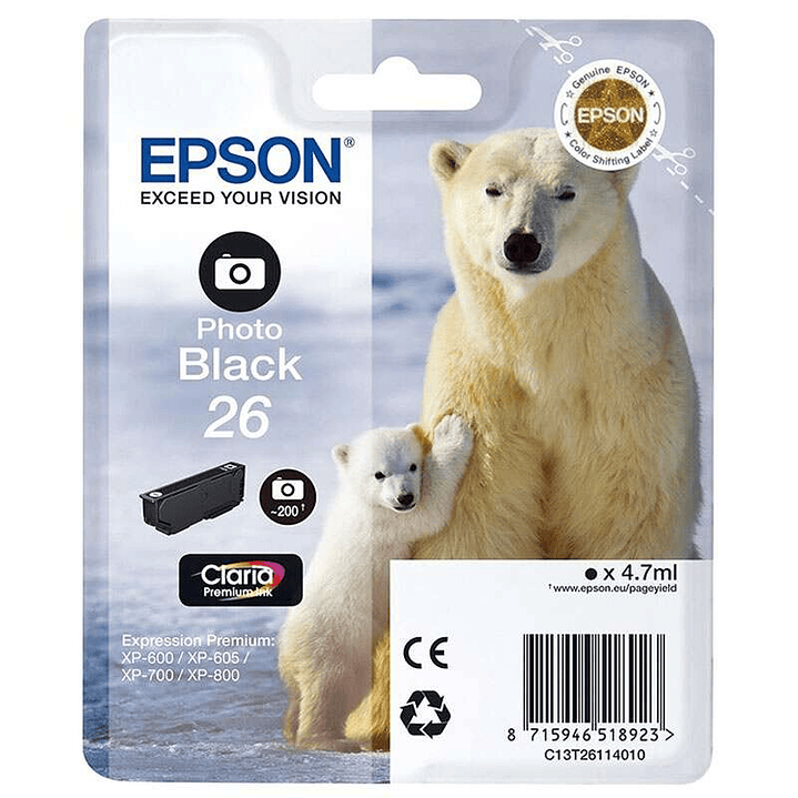 Epson T2611 (26) Negro Photo Cartucho de Tinta Original - C13T26114012 1