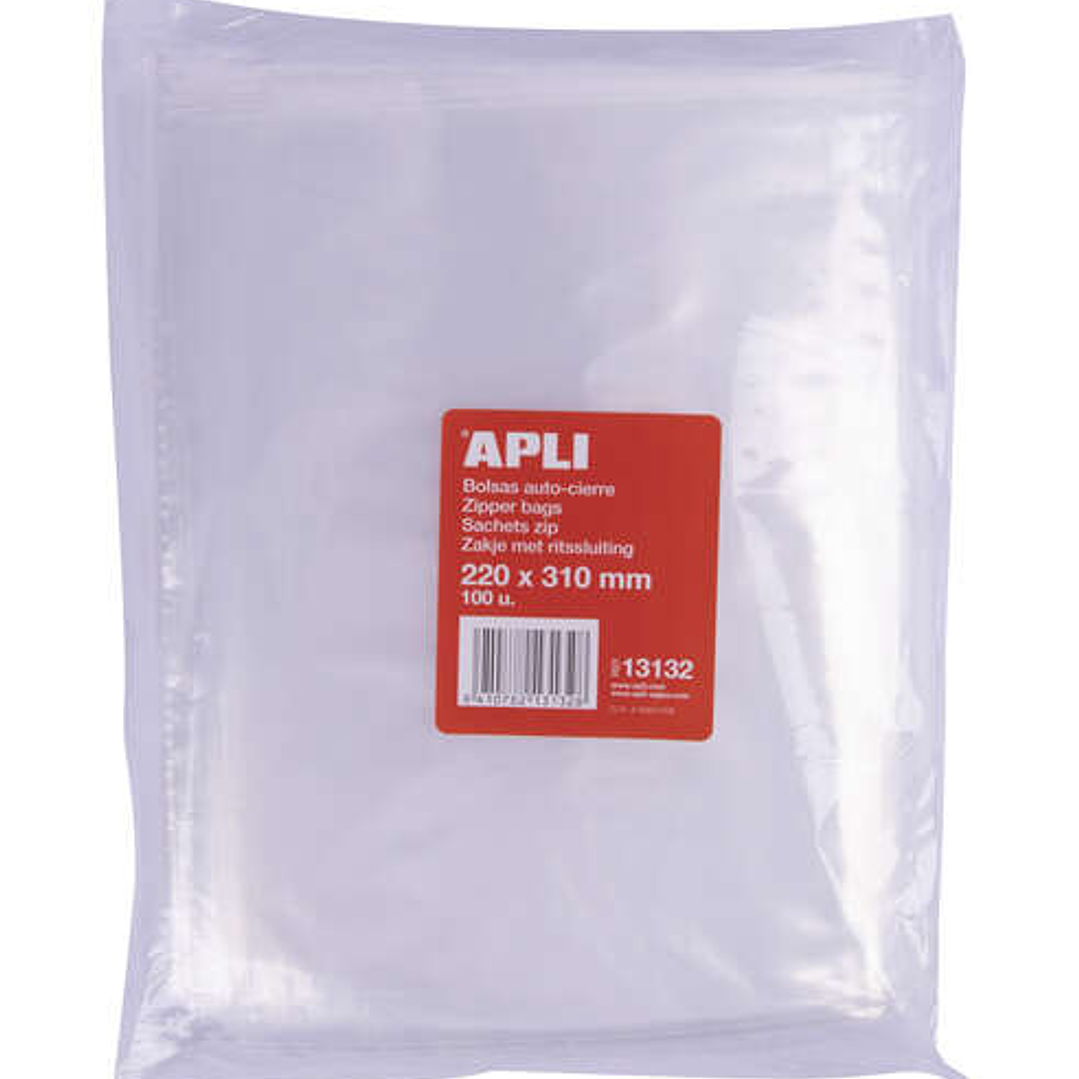 Apli Pack de 100 Bolsas Zip Auto Cierre Transparentes 220x310mm - Material LDPE - Cierre Seguro y Facil Manipulacion - Aptas para Uso Alimenticio 1