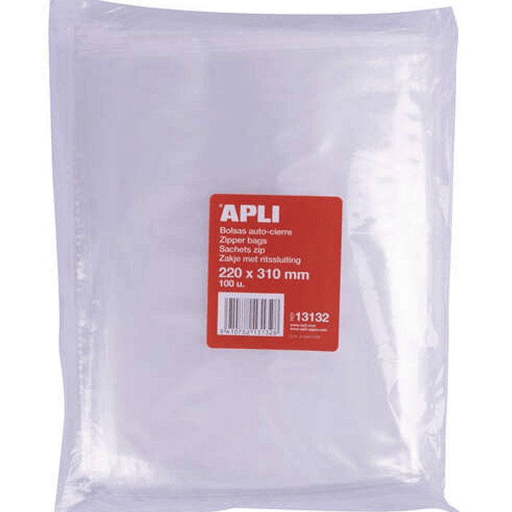 Apli Pack de 100 Bolsas Zip Auto Cierre Transparentes 220x310mm - Material LDPE - Cierre Seguro y Facil Manipulacion - Aptas para Uso Alimenticio 1