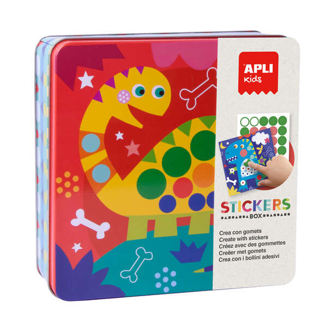 Apli Kids Juego de Gomets Dino - Incluye 8 Laminas Ilustradas - 8 Hojas de Gomets Removibles - Caja Metalica Exclusiva 1