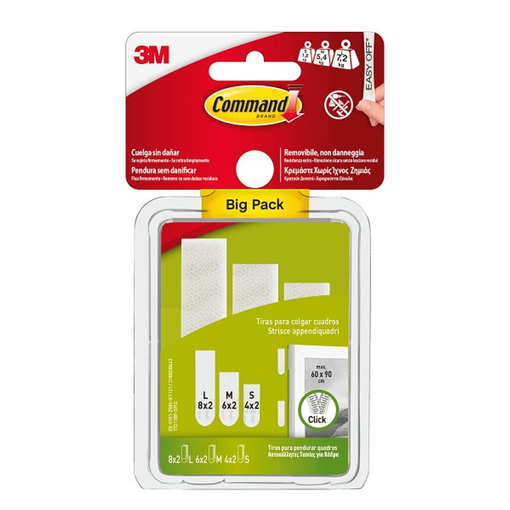 Command Pack de 36 Tiras Adhesivas para Colgar Cuadros - 8 Pares L + 6 Paresm + 4 Pares S - Soporta hasta 7.2kg - Color Blanco 1