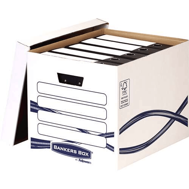 Fellowes Bankers Box Basic Maxi Contenedor de Archivos - Montaje Manual - Carton Reciclado Certificacion FSC - Dimensiones Internas 32x33x41cm 1