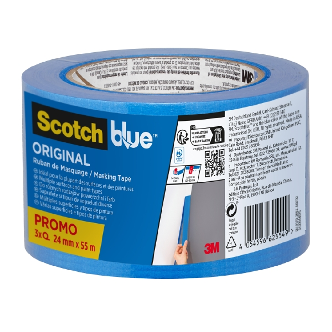 Scotchblue Original Pack de 3 Cintas de Enmascarar - 24mm x 55m - 100% PEFC - Multisuperficie - Color Azul 1