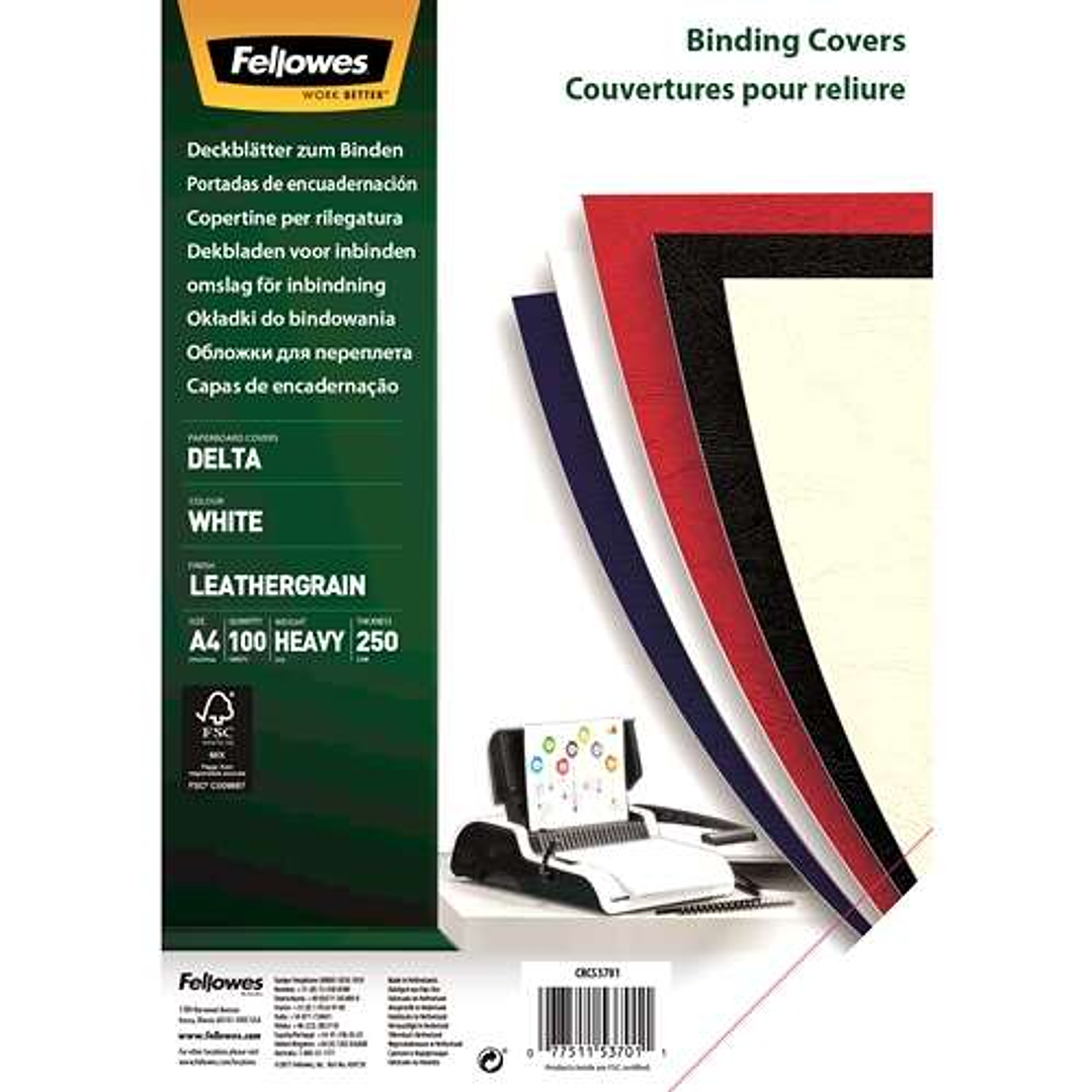 Fellowes Pack de 100 Portadas de Carton Simil Piel Delta Cuero A4 - 250 gr - Color Blanco 1