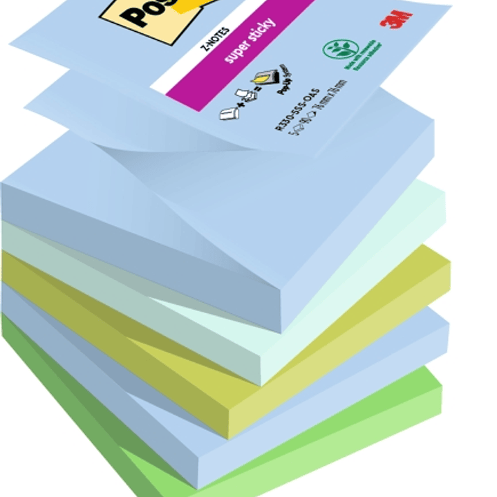 Post-It Super Sticky Pack de 5 Blocs de 90 Notas Adhesivas Reposicionables - Forma Cuadrada - 76x76mm - en Zig-Zag - Colores Surtidos 1