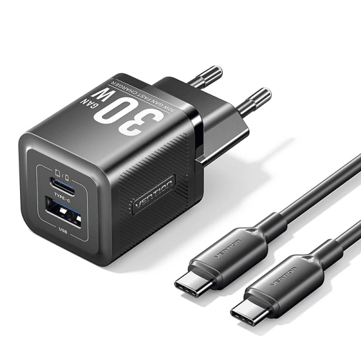 Vention Cargador de Pared GaN USB-C 30W - Cable USB-C 1m - Color Negro 1