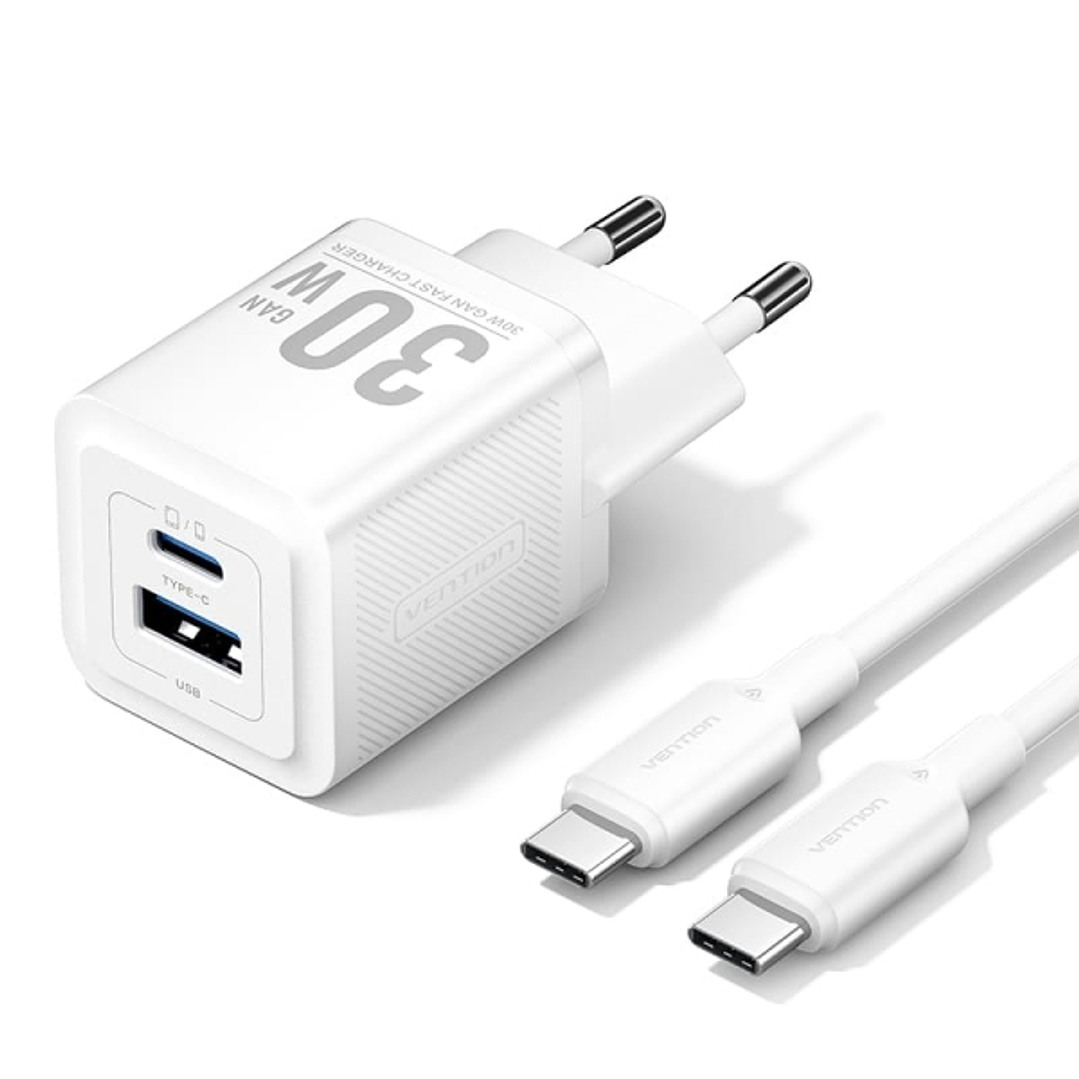 Vention Cargador de Pared GaN USB-C 30W - Cable USB-C 1m - Color Blanco 1