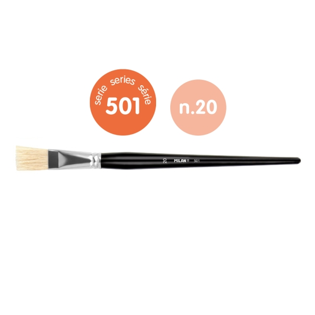 Milan 501 Pack de 4 Pinceles Planos Numero 20 - Bolsa con Colgador - Cerda Natural - Color Negro 1