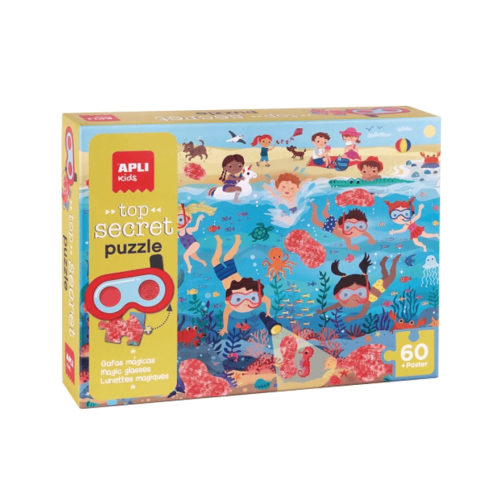 Apli Top Secret Puzzle de 60 Piezas 6x6cm - Tematica Playa - Usa las Gafas para Descubrir Zonas Secretas - Poster para Facilitar Montaje - Recomendado 1