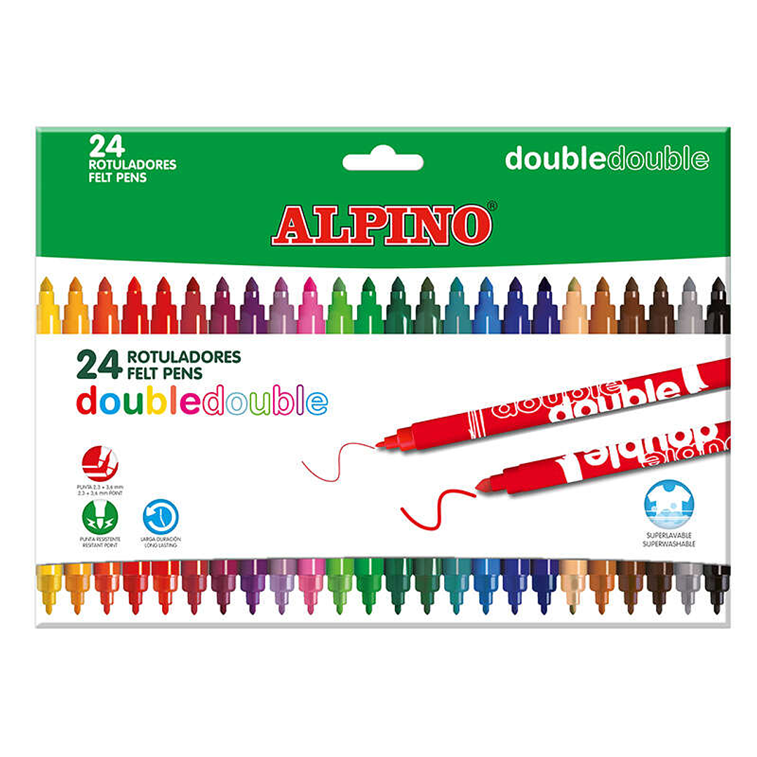 Alpino Pack de 24 Rotuladores de Doble Punta - Caja 20+4 - Pinta Grueso o Fino con un Mismo Rotulador - Superbrillantes y Superlavables - Colores Surt 1