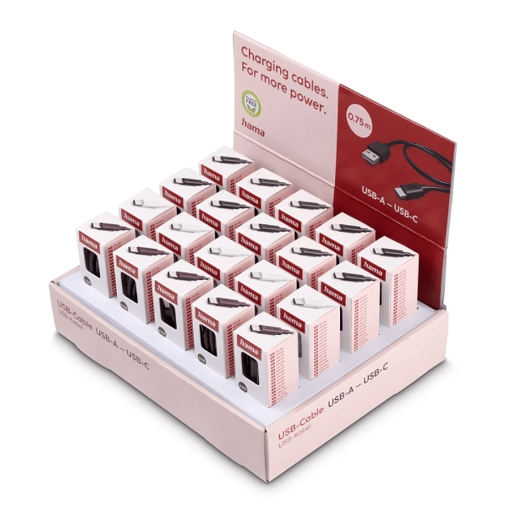 Hama Expositor con 20 Cables USB - USB-A Macho - USB-C Macho - Longitud 0.75m - Velocidad hasta 480Mbps - Blindado - Colores Surtidos 1