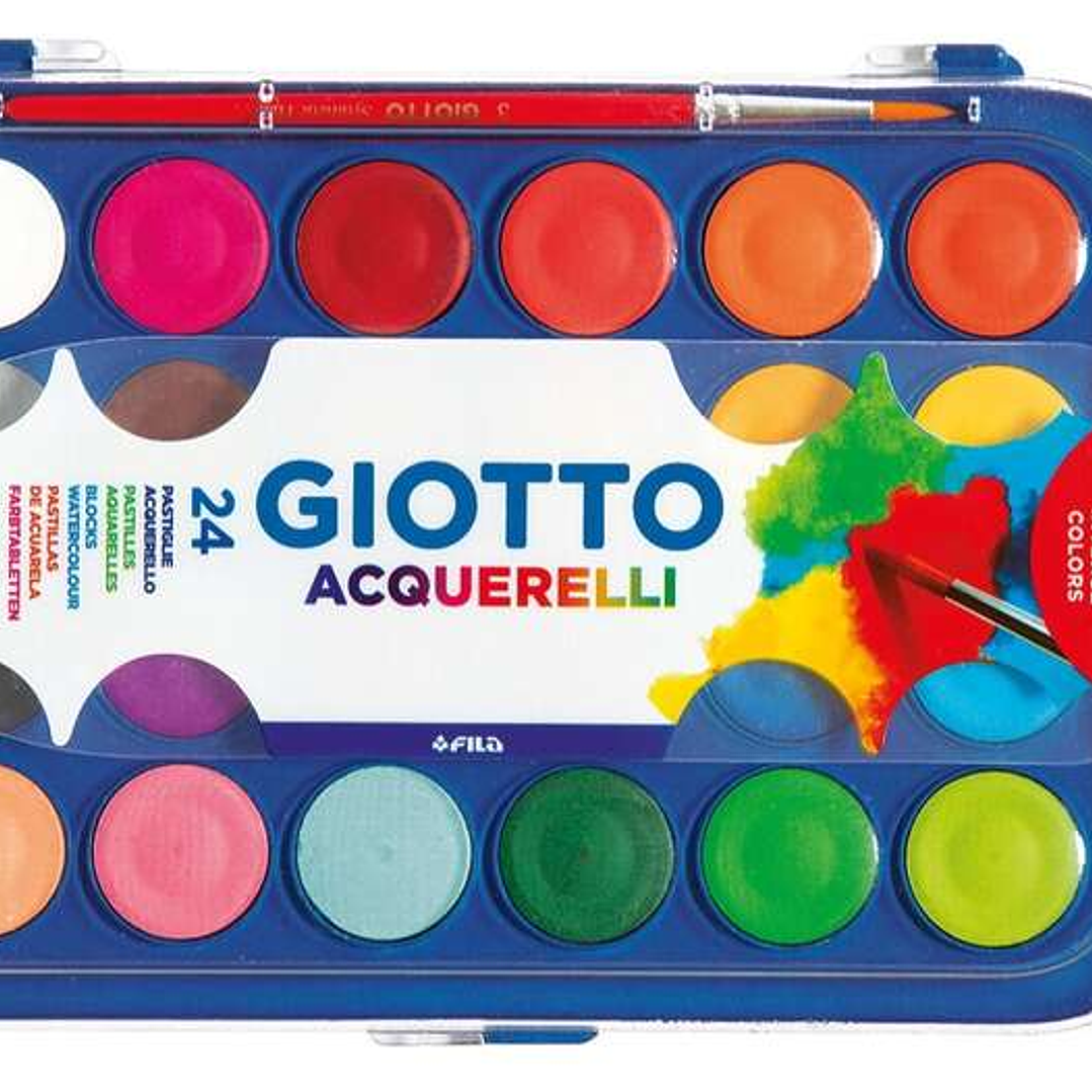Giotto Estuche de 24 Acuarelas de 30mm + Pincel - Colores Brillantes, Intensos y Vivos - Muy Cubrientes - Colores Surtidos 1