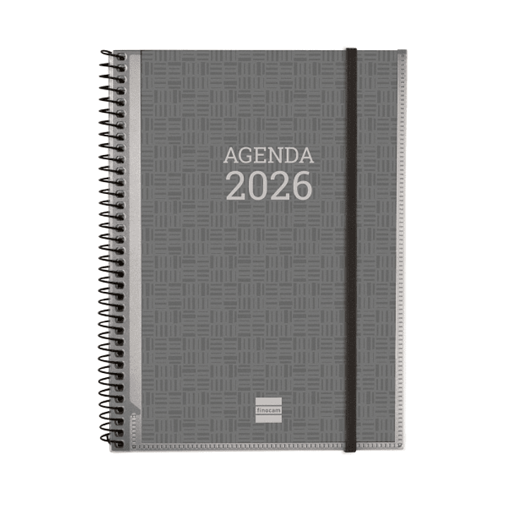 Finocam Basics Agenda - Anual 2026 - con Espiral - Personalizable - Formato E10 - 162x14x212mm - Semana Vista Horizontal - Color Gris 1
