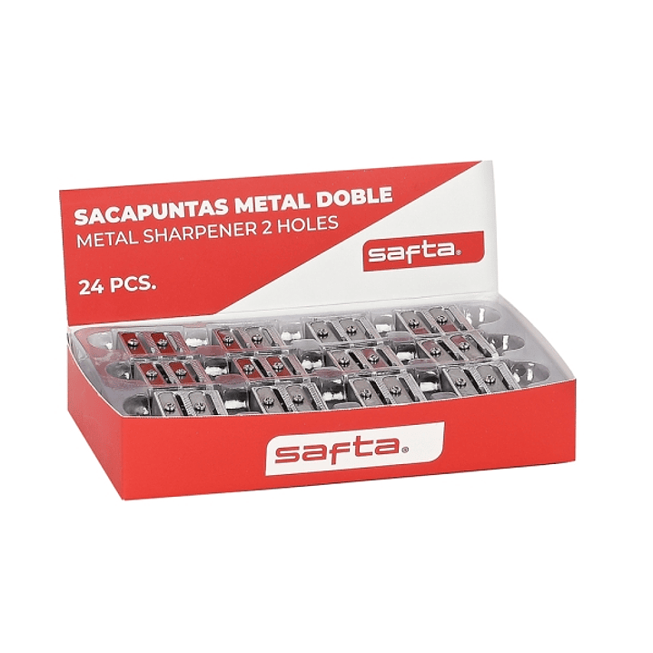 Safta Expositor con 24 Sacapuntas Doble de Metal - Cuchilla de Alta Calidad - Agarre Ergonomico - Color Aluminio 1
