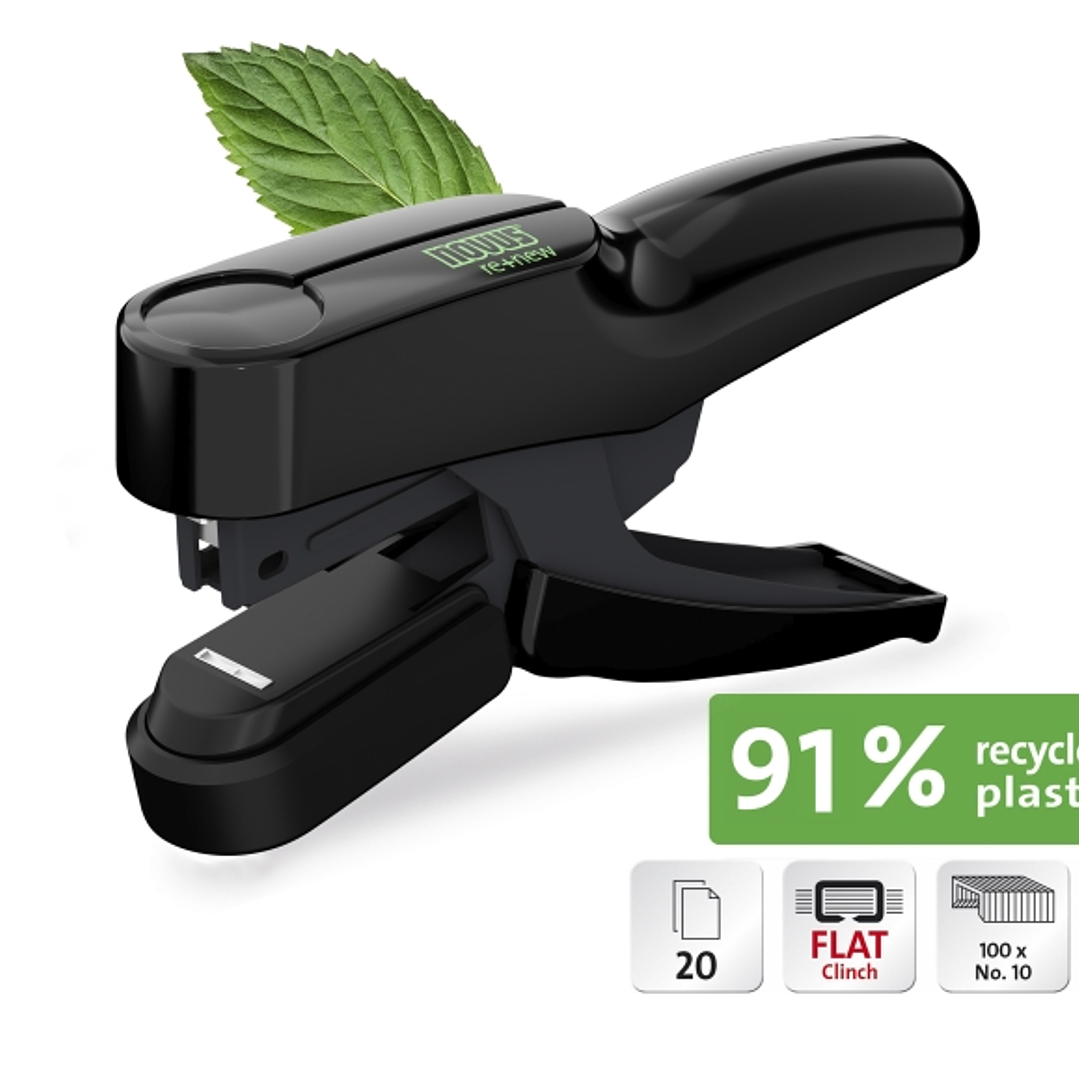 Novus B 36FC re+new Grapadora de Tenaza - Hasta 20 Hojas - Fabricada con un 91% de Plastico Reciclado - Grapado Cerrado Plano - Color Negro 1