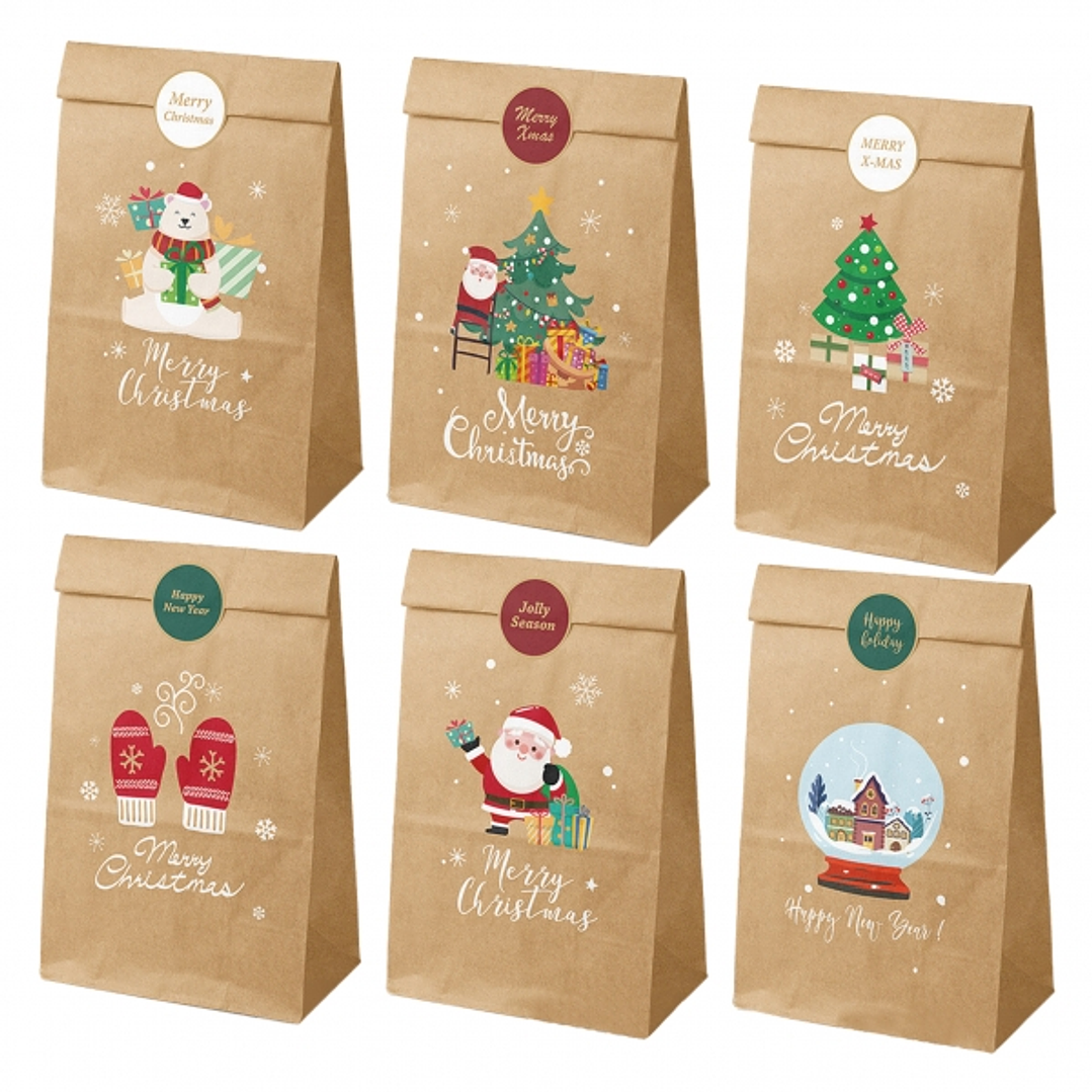 Dohe Navidad Pack de 12 Bolsas de Papel Kraft 22x12x8cm - 2 Bolsas por Modelo - Alta Resistencia 1