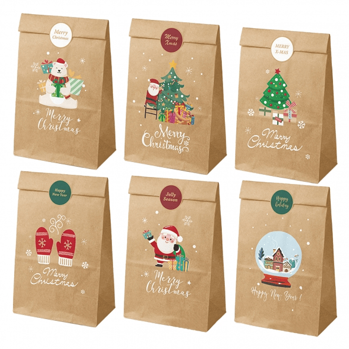 Dohe Navidad Pack de 12 Bolsas de Papel Kraft 22x12x8cm - 2 Bolsas por Modelo - Alta Resistencia 1