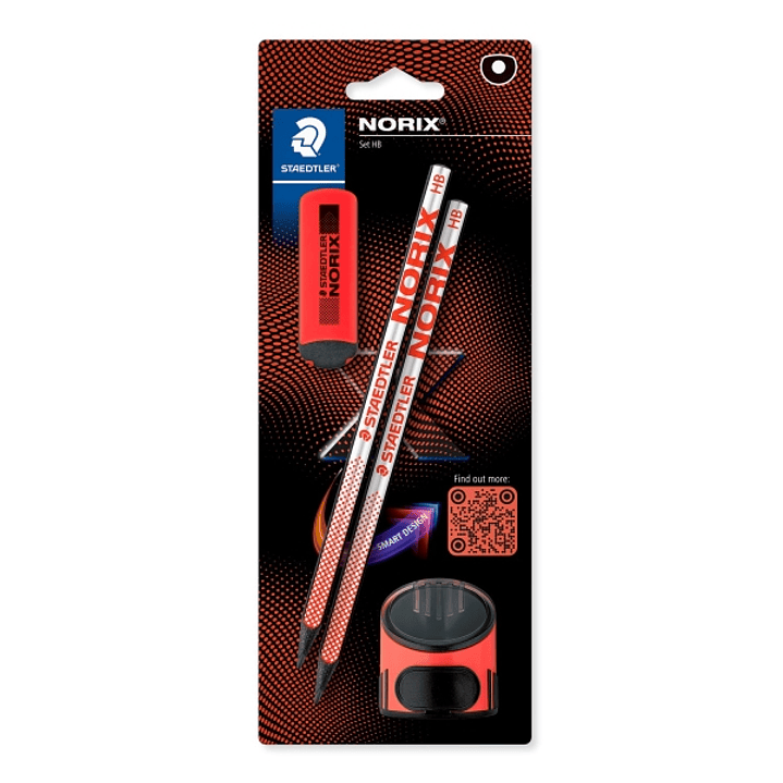 Staedtler Norix Pack de 2 Lapices de Grafito HB + Borrador + Sacapuntas - Madera Negra - Diseño Inteligente 1