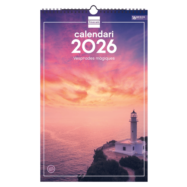 Finocam Calendario de Pared en Catalan - Anual 2026 - Imagenes Variadas - con Espiral - Espacio para Escribir - Tematica de Atardeceres Magicos 1