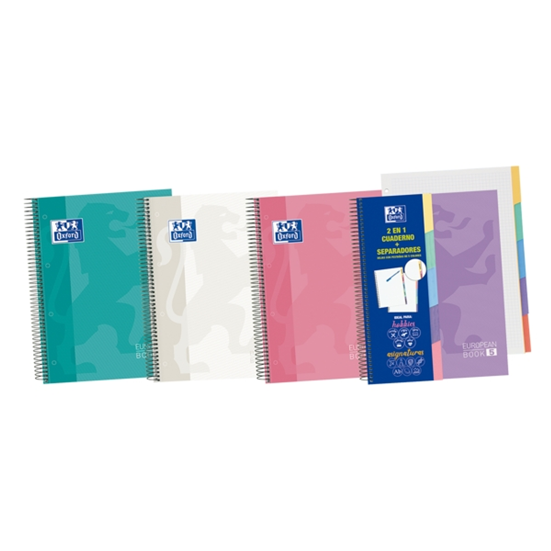 Oxford Europeanbook A5+ Cuaderno Espiral 100 Hojas Cuadricula 5x5 - Tapa Extradura Acabado Brillante - 5 Pestañas Troqueladas - Colores Surtidos 1