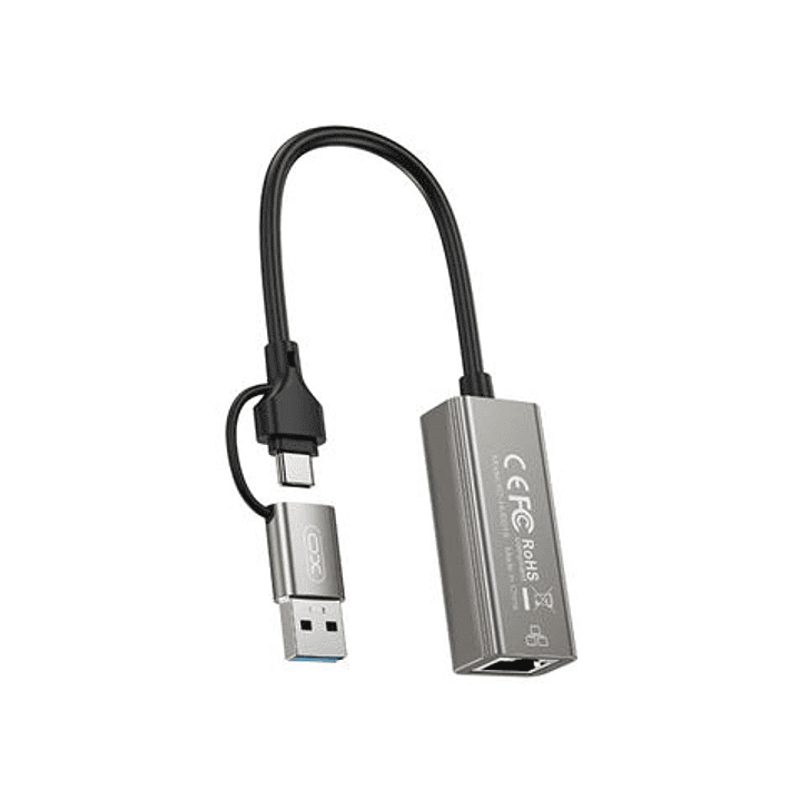 XO HUB018 Adaptador de Red RJ45 a USB 3.0 y USB-C - Color Plata 1