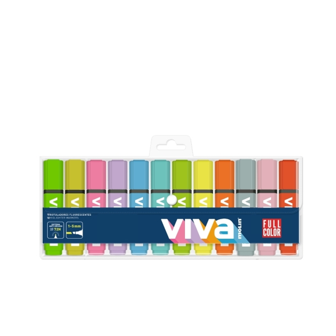 Molin Viva Pack de 12 Marcadores Fluorescentes - Trazo entre 1 y 5mm - Tinta con Base de Agua - Colores Surtidos 1