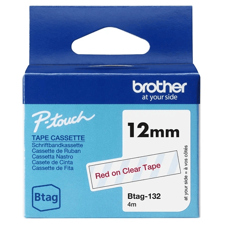 Brother Btag-132 Cinta 12mm - Texto Rojo sobre Fondo Transparente - Medidas 12mmx4 Metros - Apta para PTN10, PTN20, PTN25BT 1