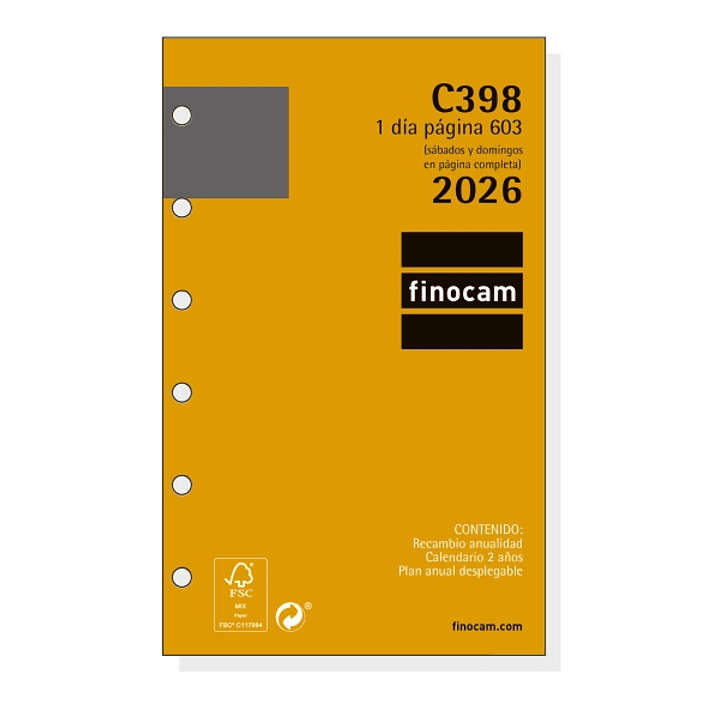 Finocam C398 Recambio para Agendas Classic - Anual 2026 - Hojas Microperforadas - Formato 603 - 79x18x127mm - 1 Dia por Pagina - Color Blanco 1