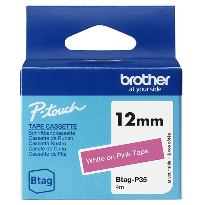Brother Btag-P35 Cinta 12mm - Texto Blanco sobre Fondo Rosa - Medidas 12mmx4 Metros - Apta para PTN10, PTN20, PTN25BT 1
